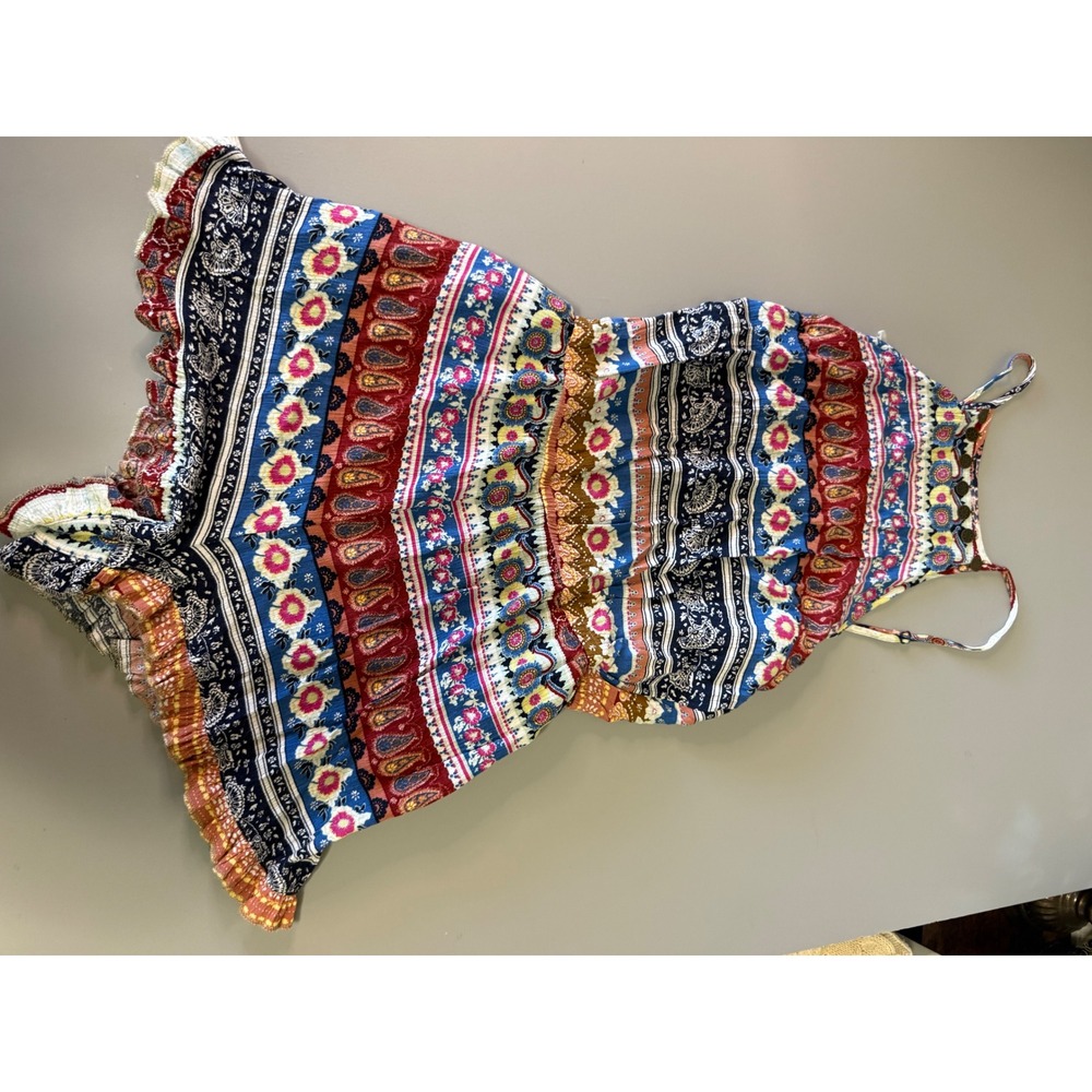 American Eagle Boho Paisley Floral Tiered Ruffle Romper Blue Red Small